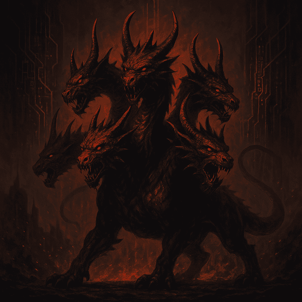 Mythical multi-headed scarlet beast with horns, fiery background, dark fantasy art.