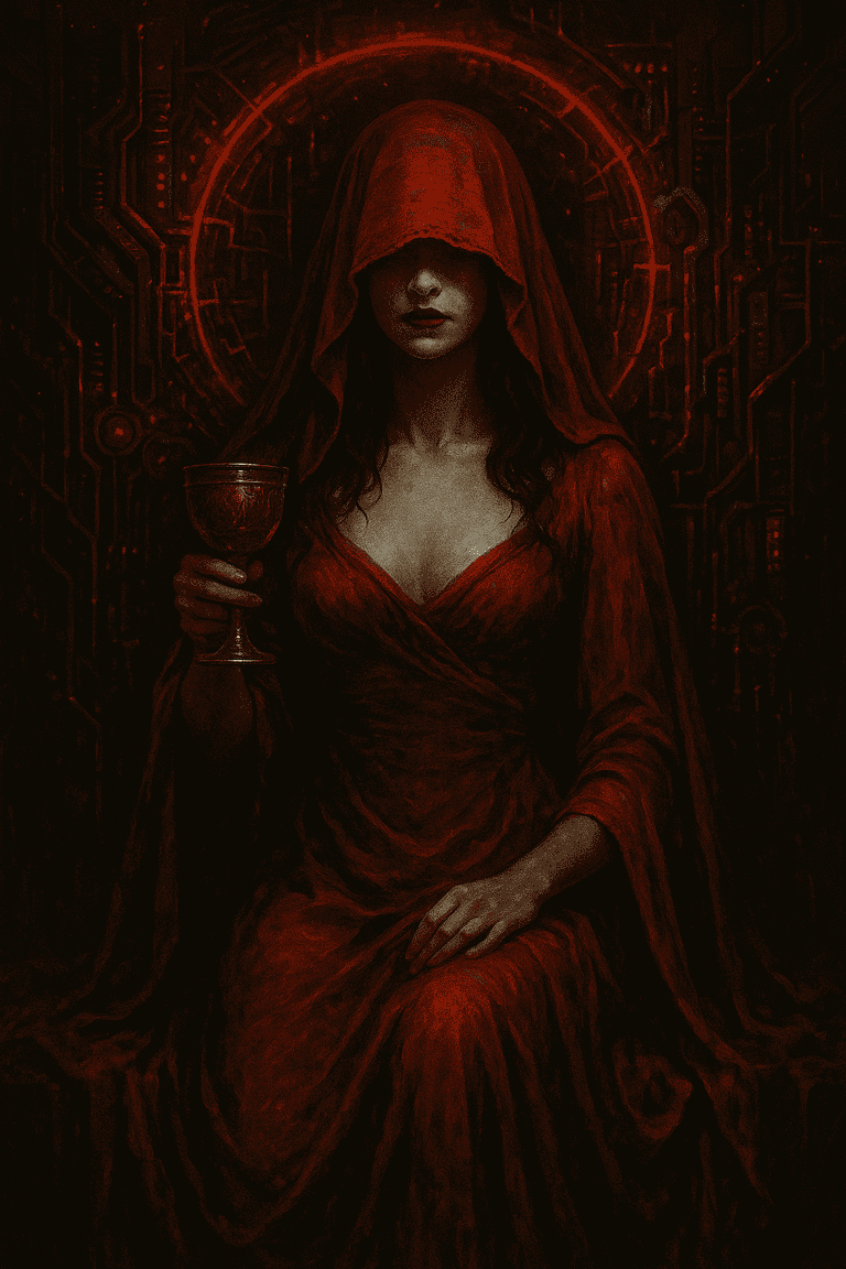 Mysterious woman in red cloak with hood, holding a goblet, dark sci-fi background.