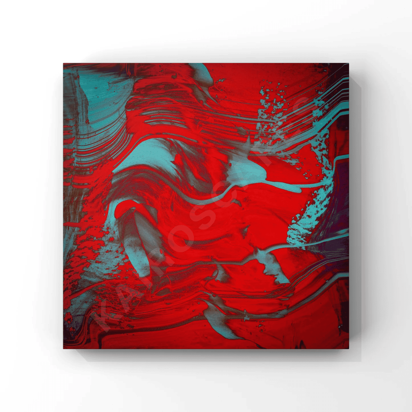 Abstract red and teal fluid art painting for Scarlet Beast.
