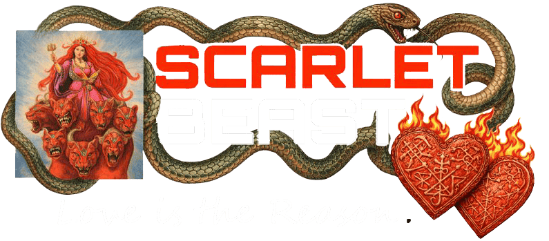 Scarlet Beast logo featuring a snake, hearts, and a goddess figure for branding.
