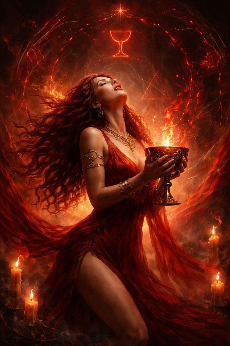 Woman performing a mystical ritual with glowing symbols and candles for Scarlet Beast.