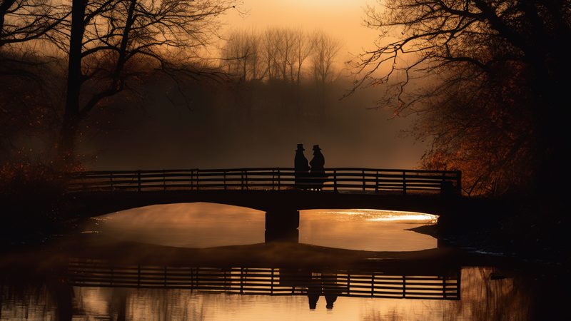 Two figures meet in the middle of a small footbridge over still water at dawn