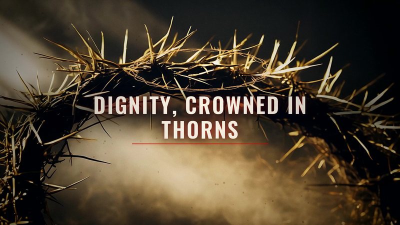 A crown of thorns lit in gold, with the words Dignity, crowned in thorns