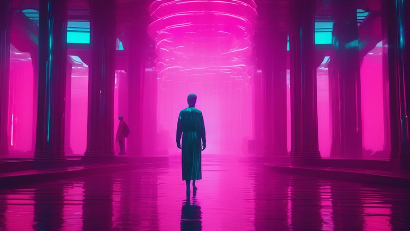 A figure made of water walking through a neon glass temple