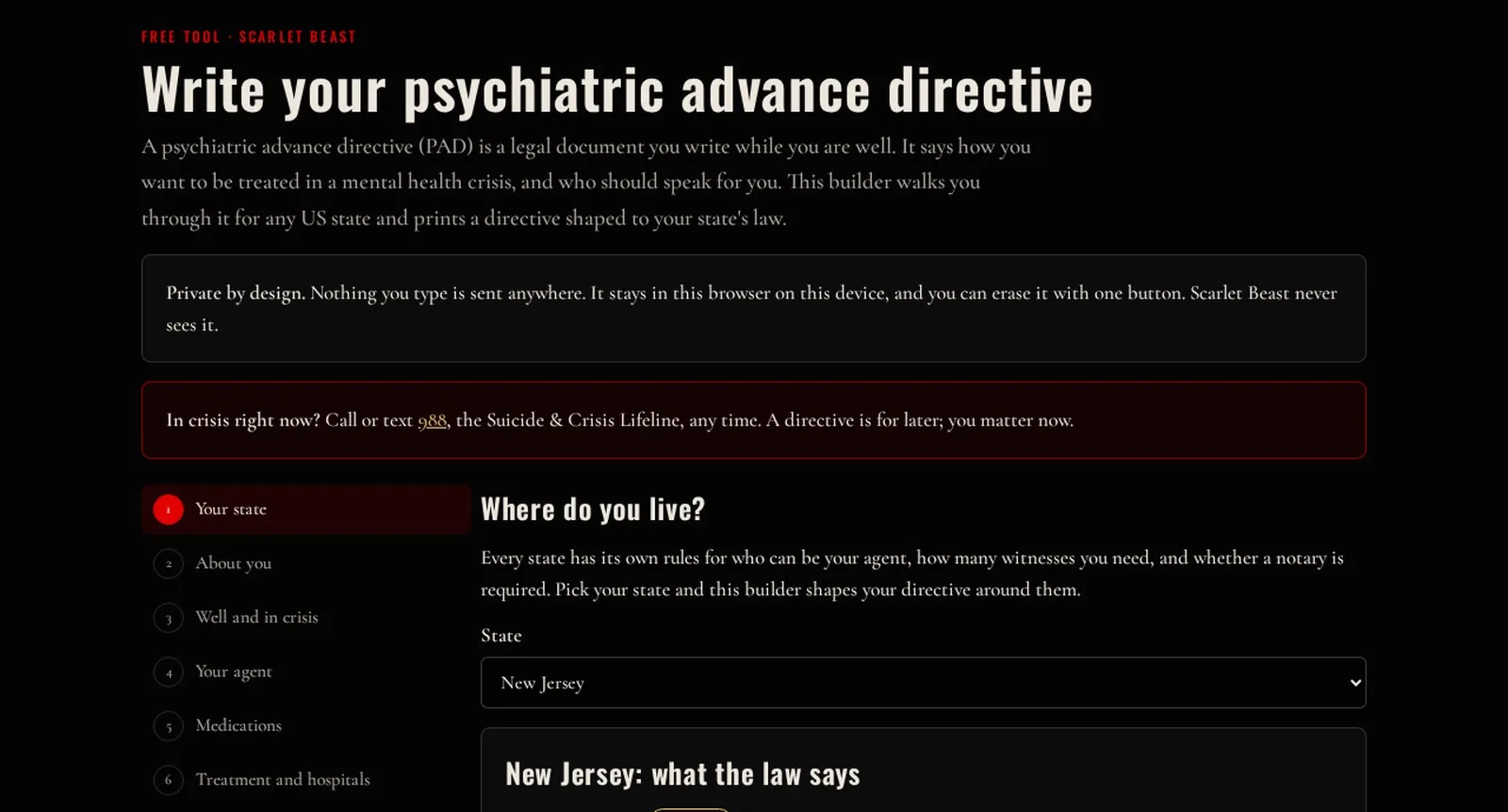 The Scarlet Beast psychiatric advance directive builder, open on New Jersey