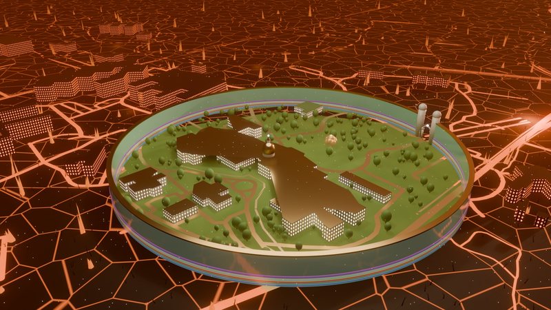 The whole walled city from above, inside a dark land of lava cracks