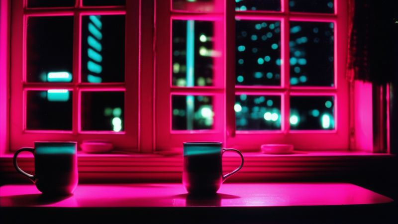 Two mugs on a windowsill in pink light, a city at night outside (AI-made image)