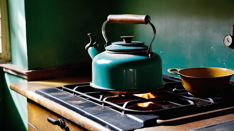 A green enamel kettle on a lit gas stove in a green kitchen (AI-made image)