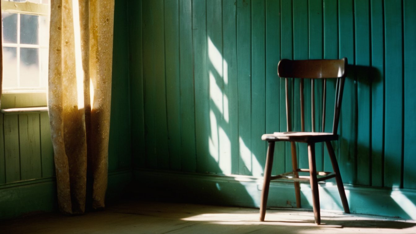 An empty wooden chair against a green wall, in a patch of late sunlight from a window (AI-made image)