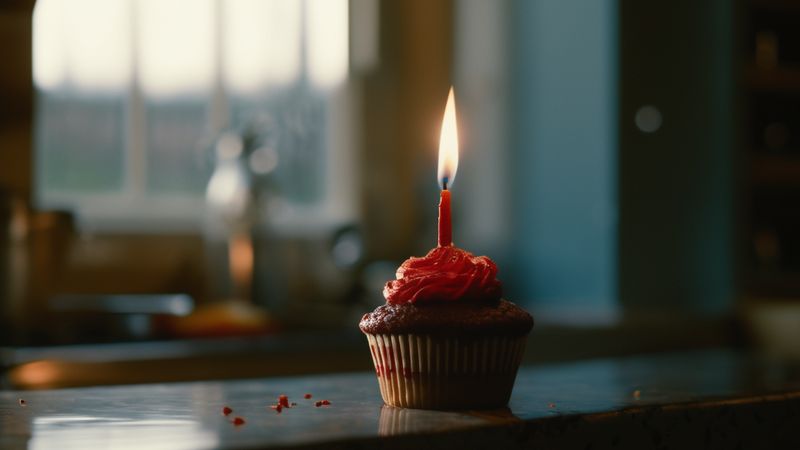 A cupcake with red frosting and one lit candle on a kitchen counter by a window (AI-made image)