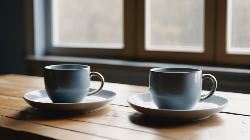 Two grey cups on saucers on a wooden table by a window (AI-made image)