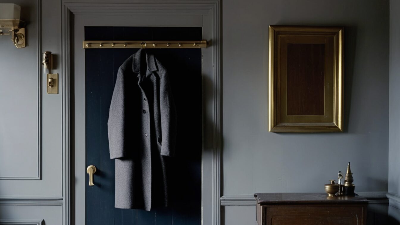 A grey coat hanging on a hook on a dark blue door in a quiet hallway (AI-made image)