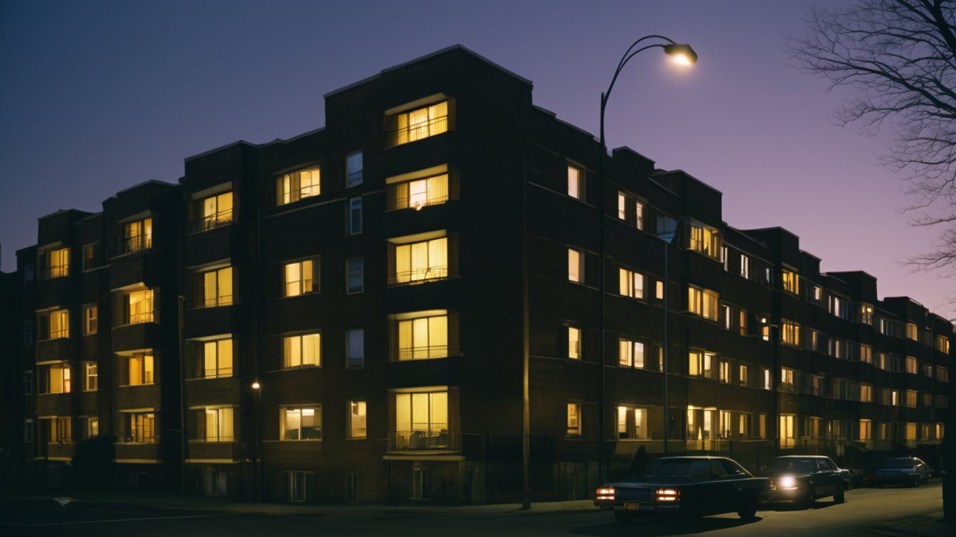 An apartment block at dusk with many of its windows lit yellow, under one street lamp (AI-made image)