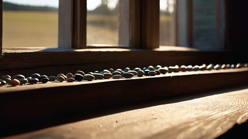 A long row of small pebbles laid out along a wooden windowsill (AI-made image)