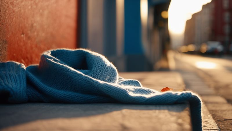 A blue knitted scarf lying on a curb against a red wall in low evening light (AI-made image)