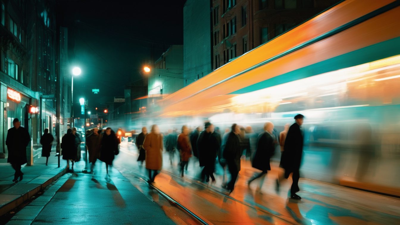 A blurred crowd hurries along a wet city sidewalk at night under teal and orange light