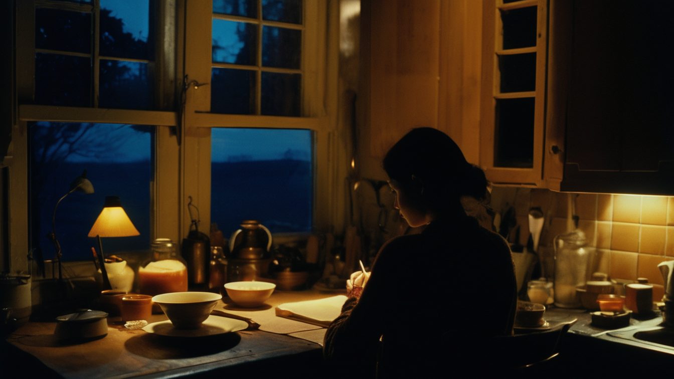 A person seen from behind, writing at a kitchen table under a small lamp at dusk, a bowl and jars beside them (AI-made image)