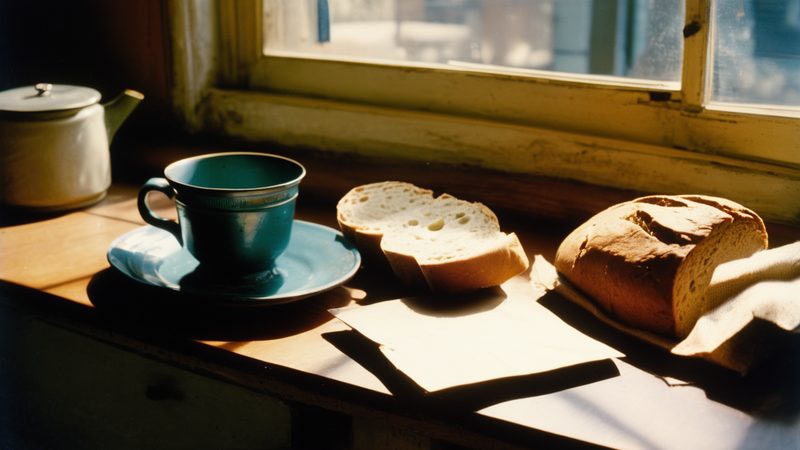 A teal cup on a saucer, sliced bread and a folded paper on a sunlit windowsill (AI-made image)