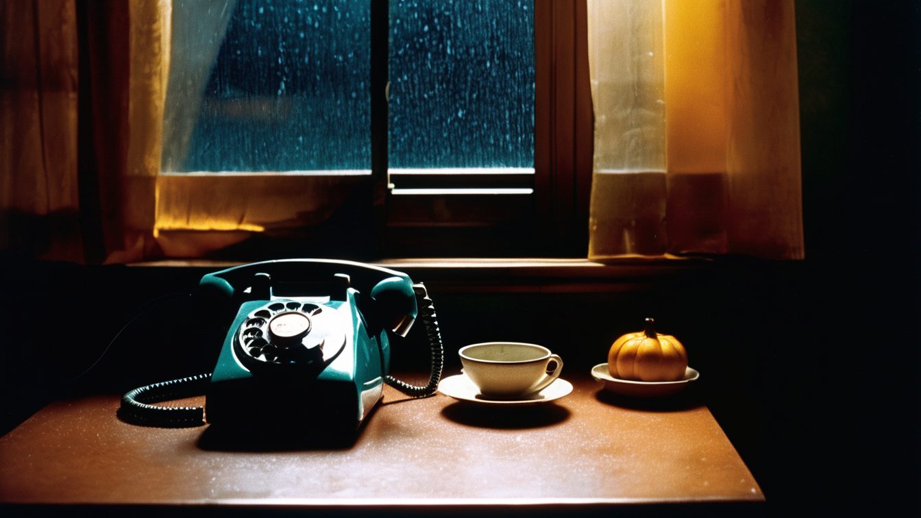 A green rotary telephone on a wooden table beside a cup of tea and a small pumpkin, under a window with rain on the glass (AI-made image)