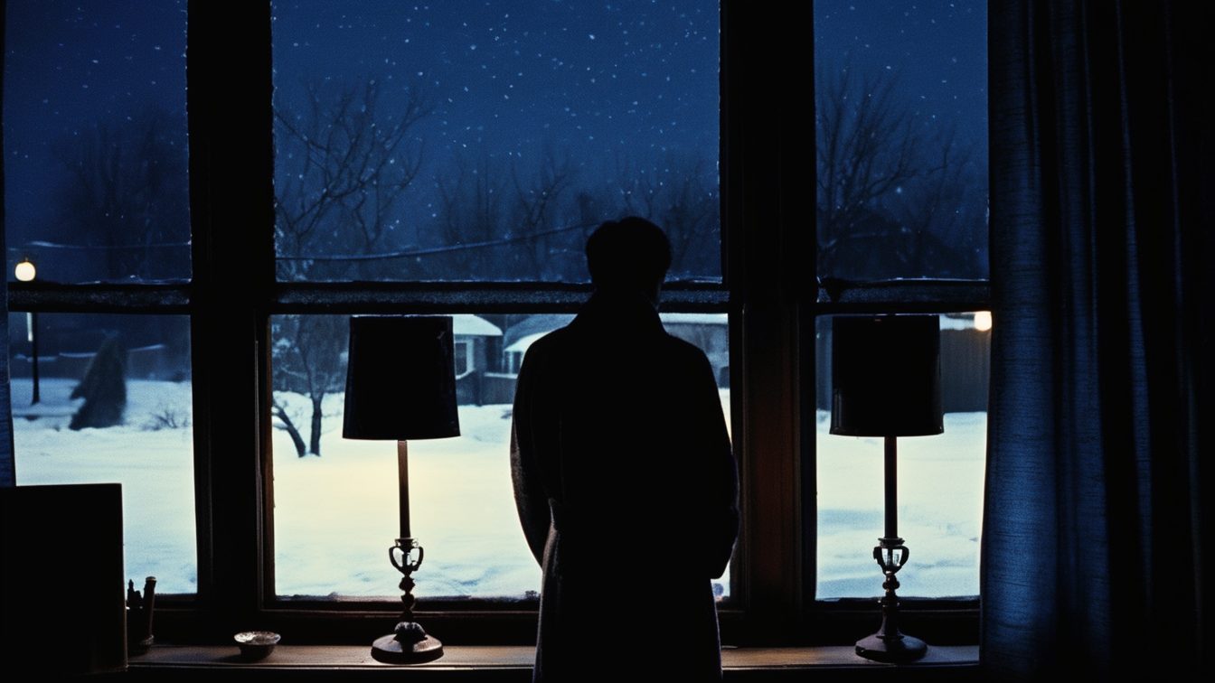 A person in silhouette standing at a tall window at night, looking out at falling snow, a lamp on either side (AI-made image)