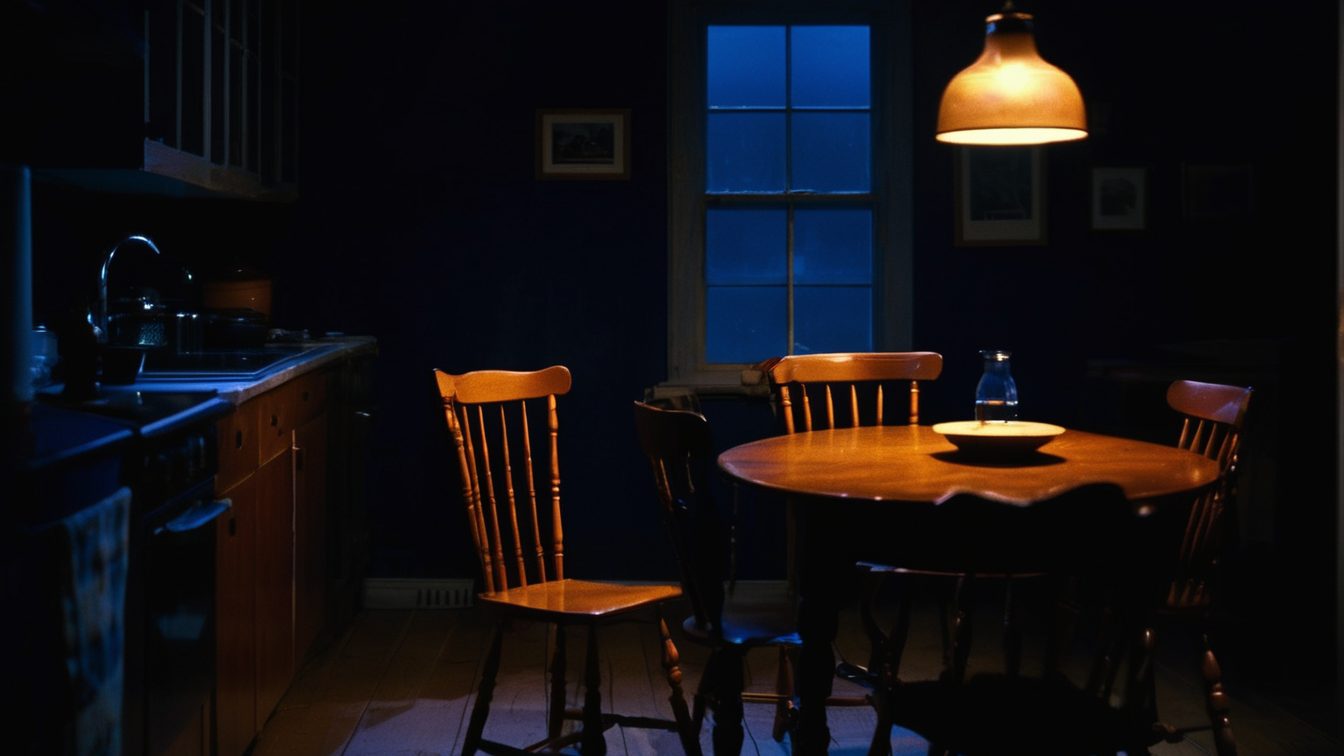 A dark kitchen at night with one lamp lit over an empty wooden table and chairs (AI-made image)