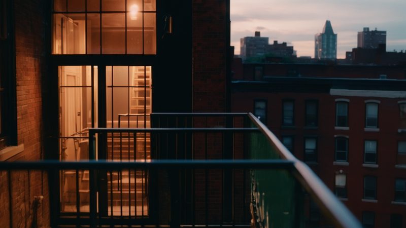 A back door standing open onto a fire escape and brick apartment buildings at dusk (AI-made image)